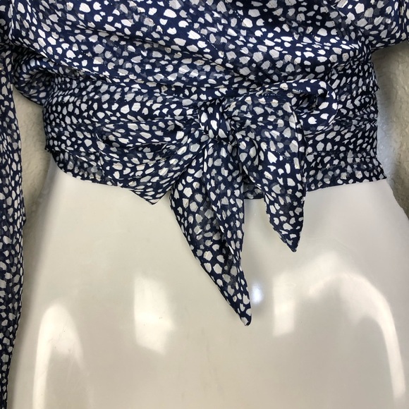 VICI Sheer Navy Polka Dot Metallic Thread Wrap Long Sleeve Blouse size Medium - Picture 5 of 12